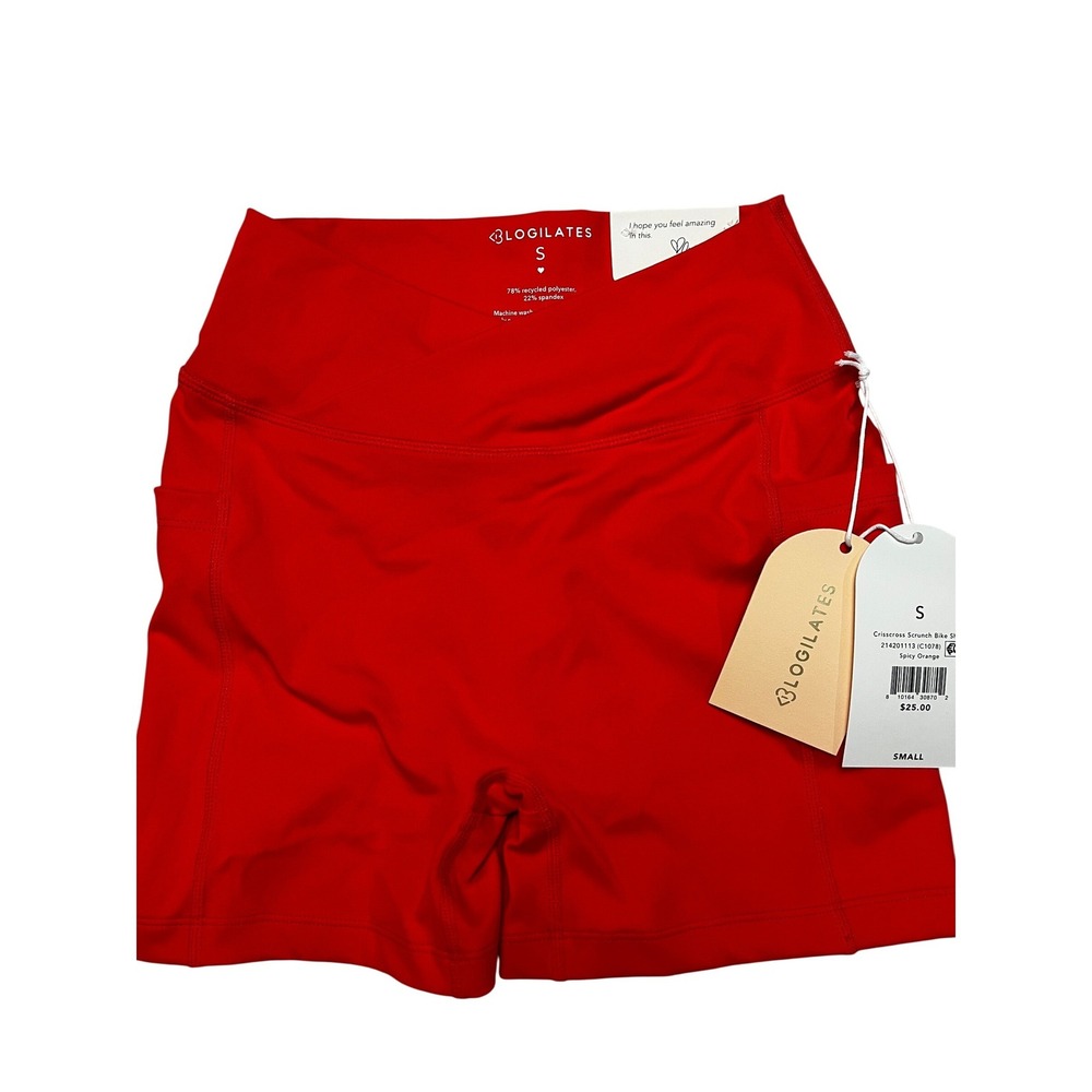 Blogilates Bike Shorts Womens Small Spicy Orange Crisscross Scrunch V-Waist NEW